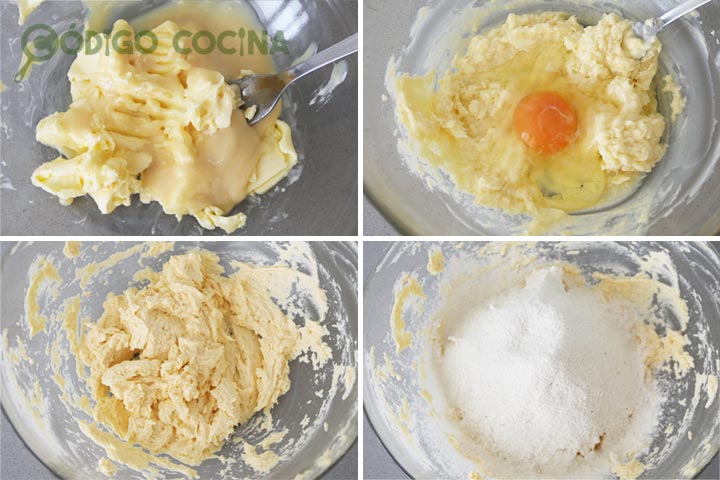 Mezclar mantequilla con leche condensada, huevo y harina