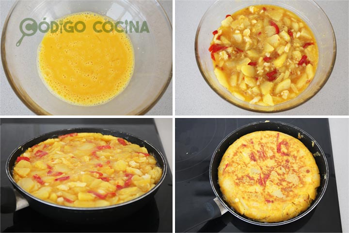 Cuajar la tortilla de patata con bacalao y pimientos