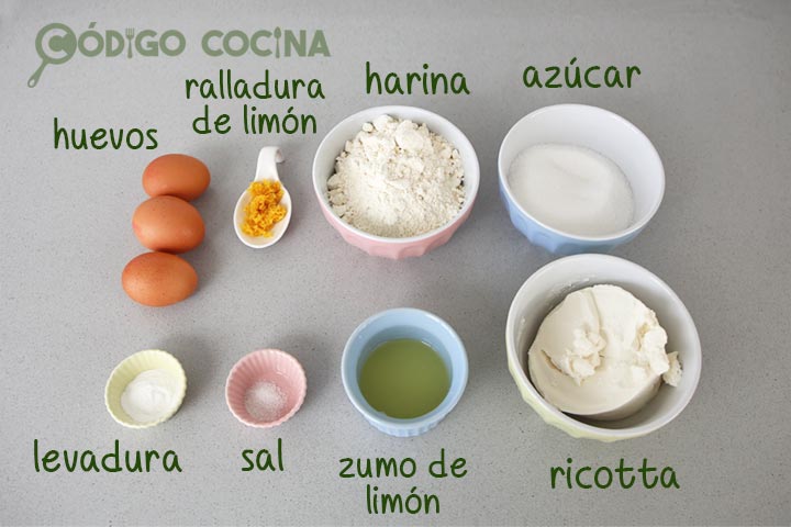 Ingredientes para hacer bizcocho de queso ricotta y limón