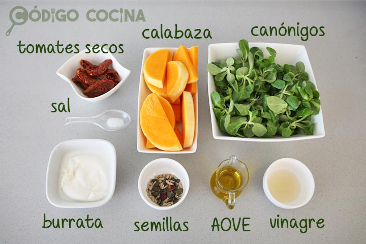 Ingredientes para hacer ensalada de calabaza asada y burrata