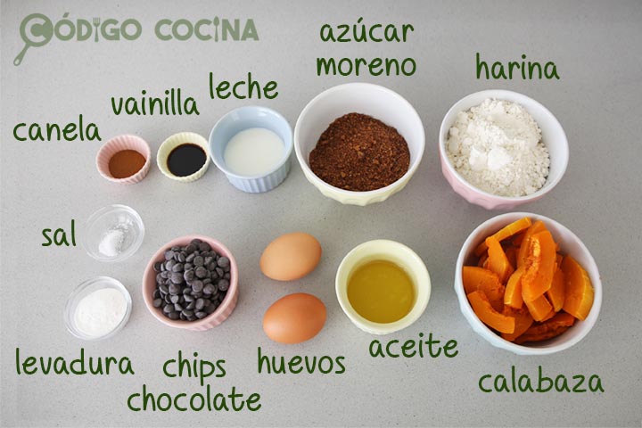 Ingredientes para hacer muffins de calabaza y chocolate