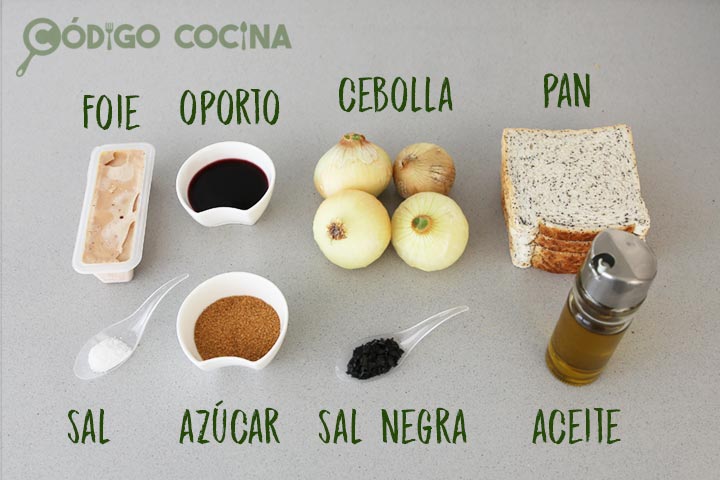 Ingredientes para hacer canapés con foie y cebolla caramelizada